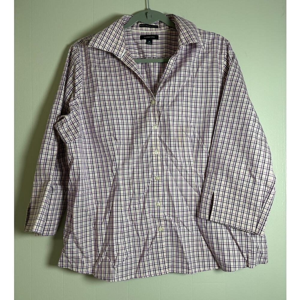Lands' End No Iron Pinpoint Purple Plaid Three Quarter Sleeve Oxford Women 18
